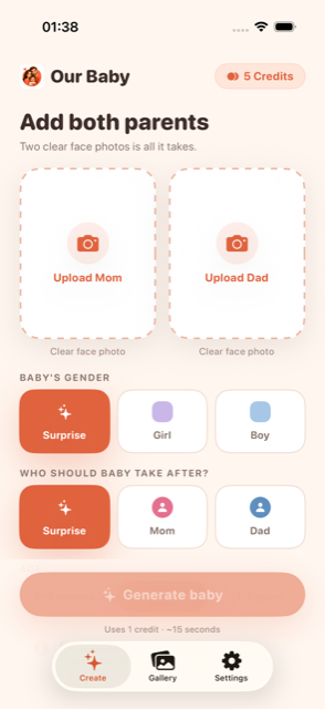 Upload screen for mom and dad parent photos before generating a future baby