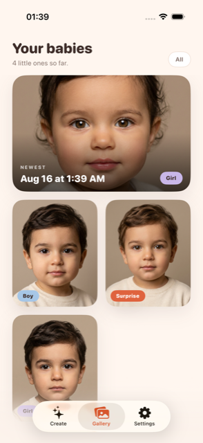 Gallery of previously generated baby photos inside the app