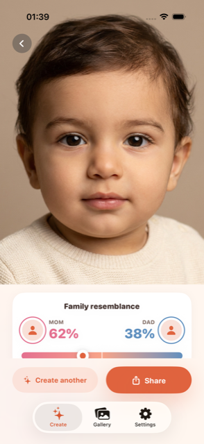 Baby Generator AI app result screen showing a generated baby photo with a 62% mom / 38% dad family resemblance card